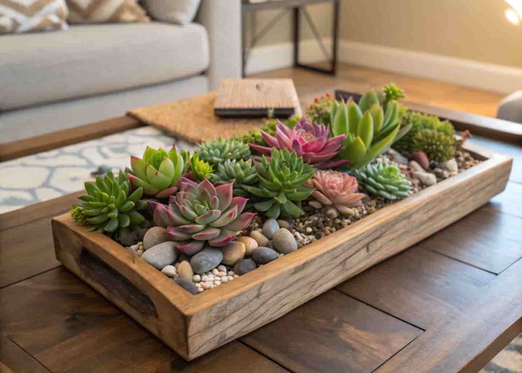 Wooden tray succulent centerpiece with mixed varieties and river rocks