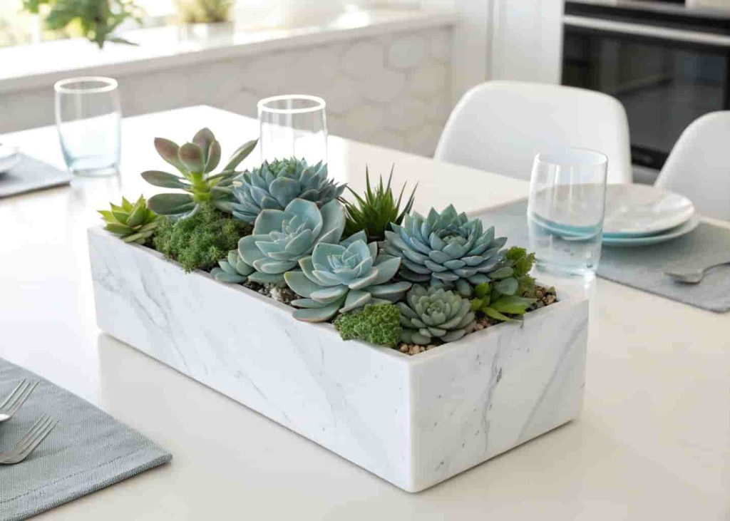 White marble planter with succulent centerpiece on a modern dining table