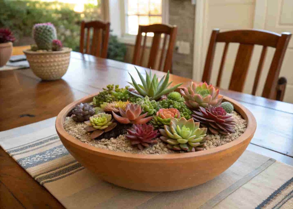 Terracotta bowl succulent centerpiece with rosette arrangement and decorative gravel