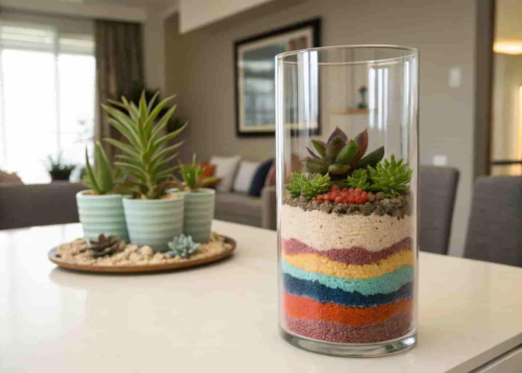 Glass cylinder vase with layered sand and succulent centerpiece display