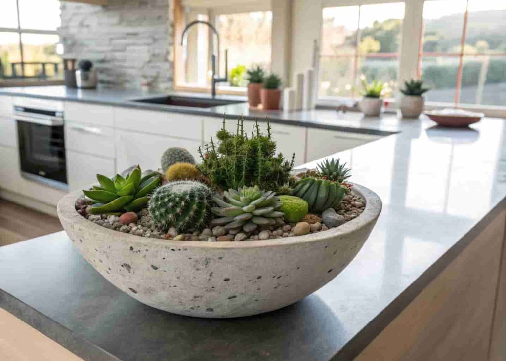 Concrete planter succulent centerpiece on a modern kitchen island