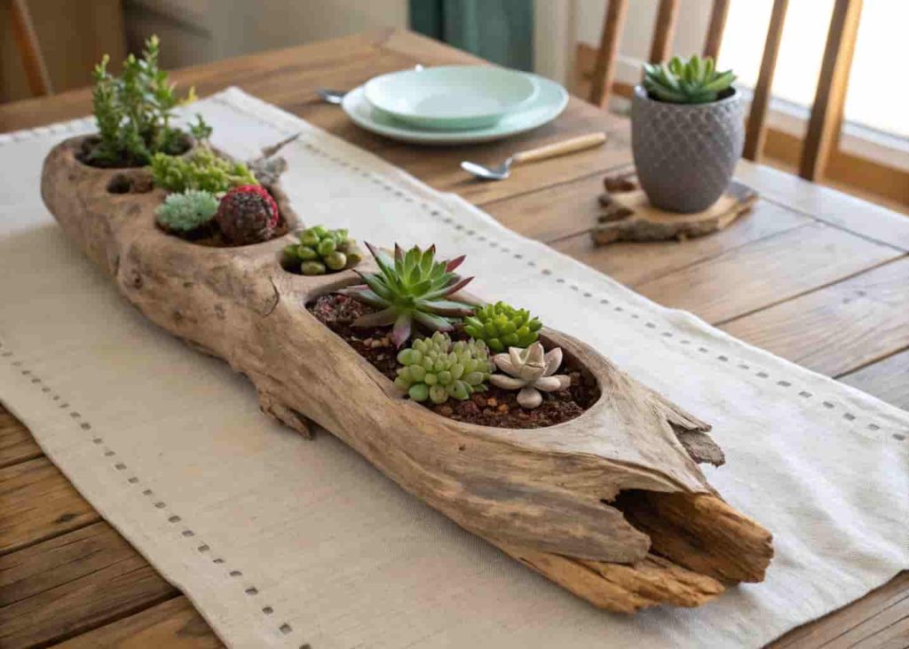Driftwood succulent centerpiece with small plants in natural hollows