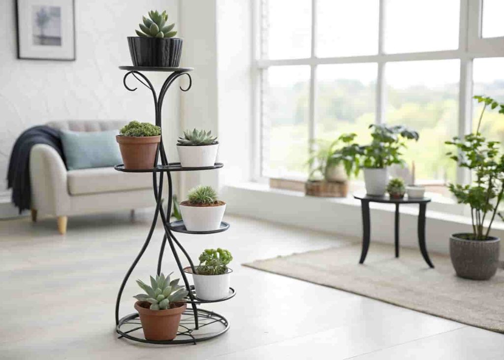 Tiered black metal plant stand with mixed succulent pots as a living room centerpiece