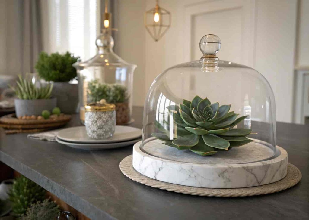 Glass cloche over statement succulent on marble base as a table centerpiece