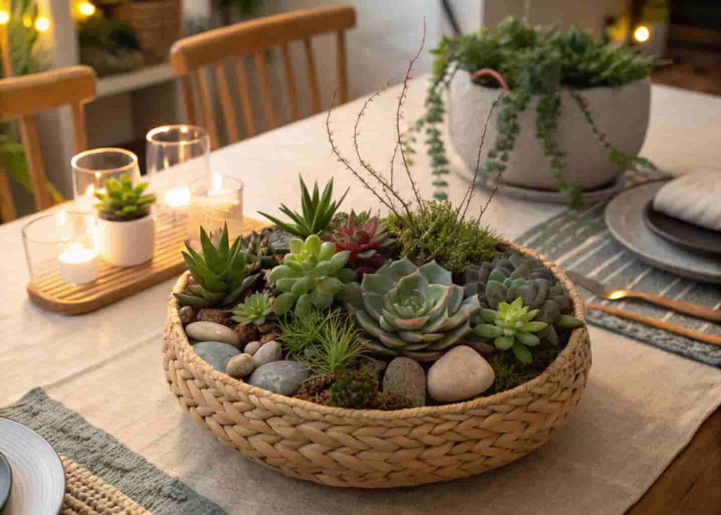 Woven seagrass basket succulent centerpiece with mixed plants and decorative rocks