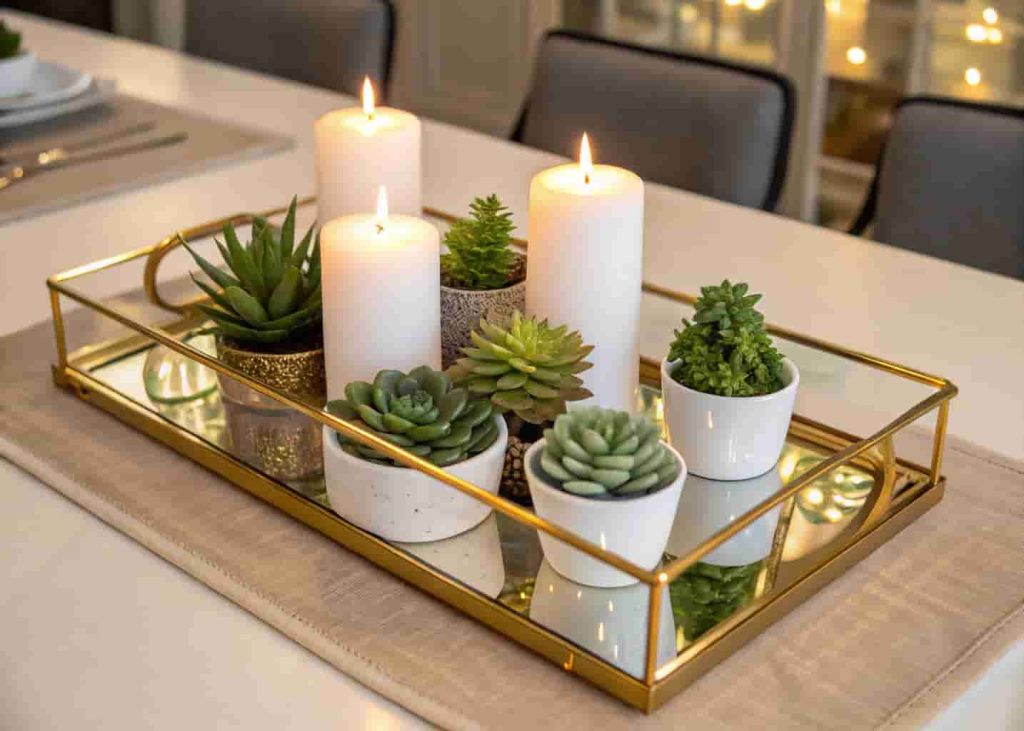 Gold mirrored tray succulent centerpiece with candles on an elegant dinner table