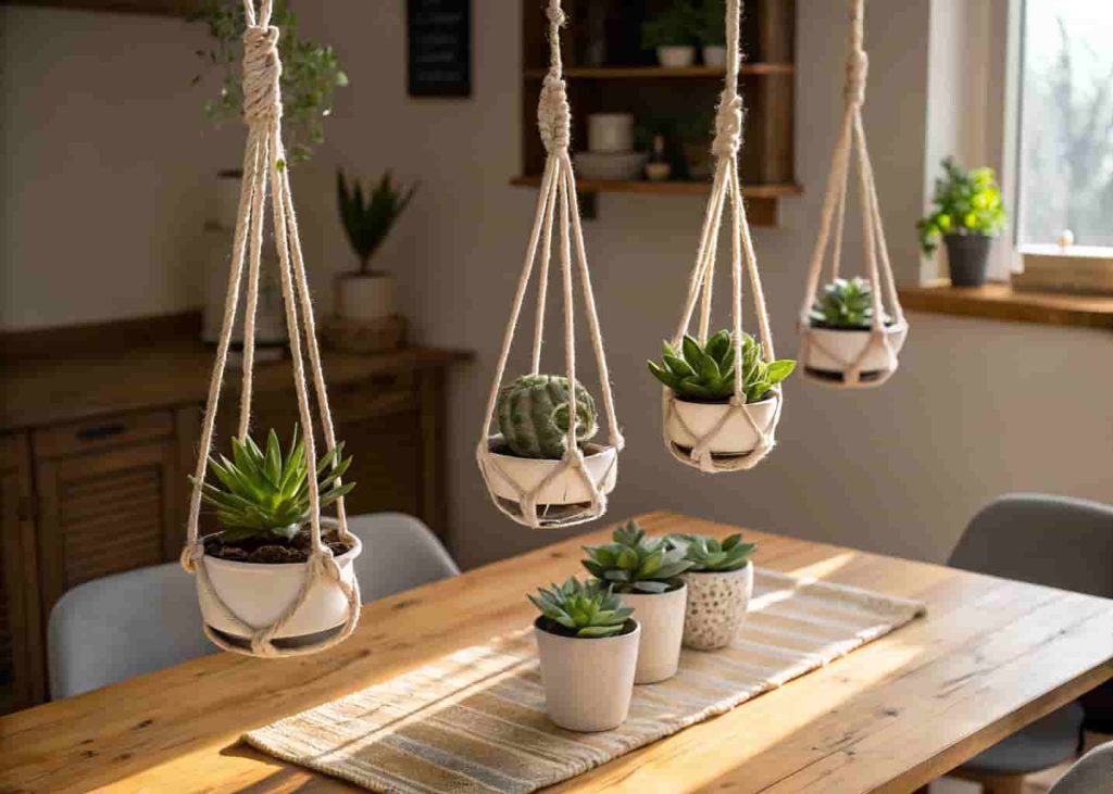Hanging succulent planter cluster centerpiece above a modern dining table