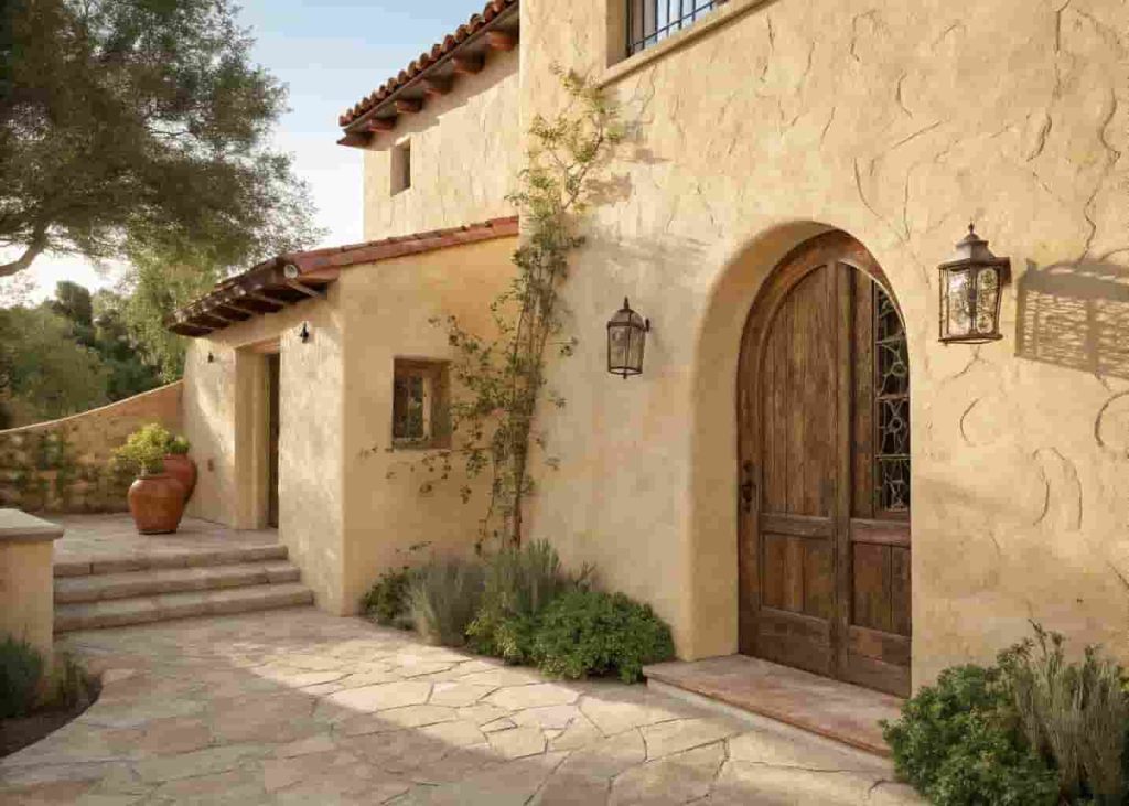 Textured stucco wall finish on a Mediterranean villa exterior in warm ivory color