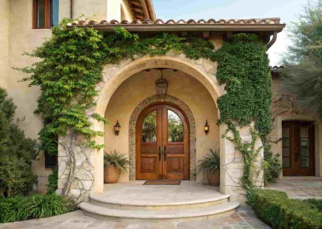 Arched front doorway of a Mediterranean villa exterior with wooden doors and climbing vines