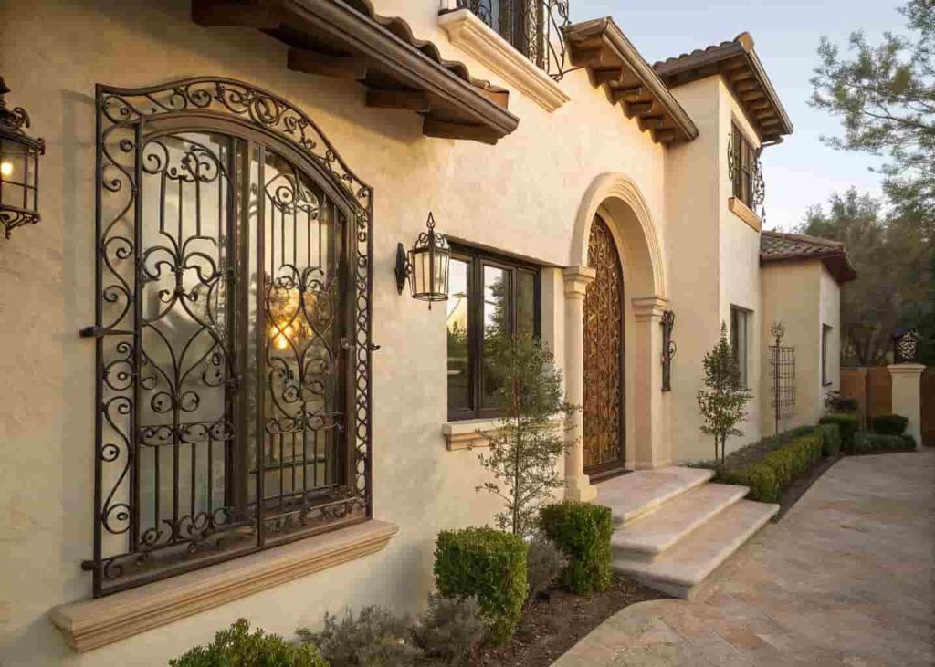 Wrought iron window grilles on a Mediterranean style home exterior with shadow patterns on stucco wall