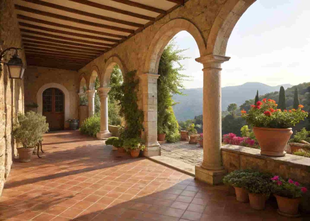 Covered loggia on a Mediterranean villa exterior with stone columns and terracotta tile flooring