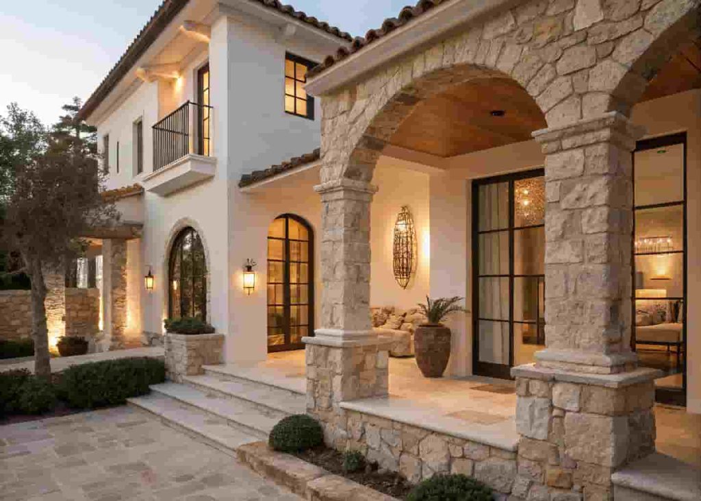 Stone columns and limestone window surrounds on a Mediterranean villa exterior