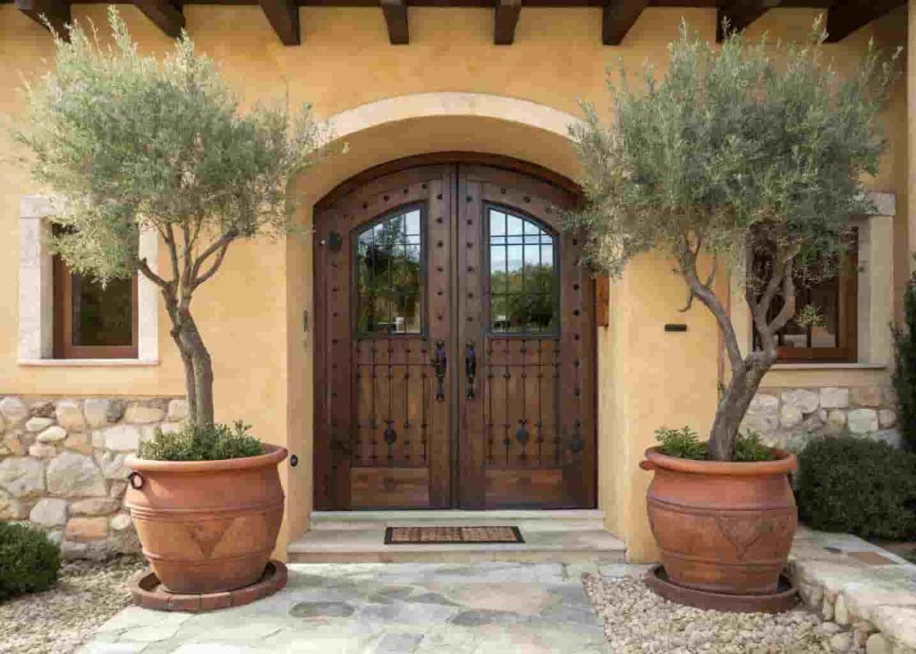 Wooden front doors with wrought iron hardware on a Mediterranean villa exterior flanked by olive trees
