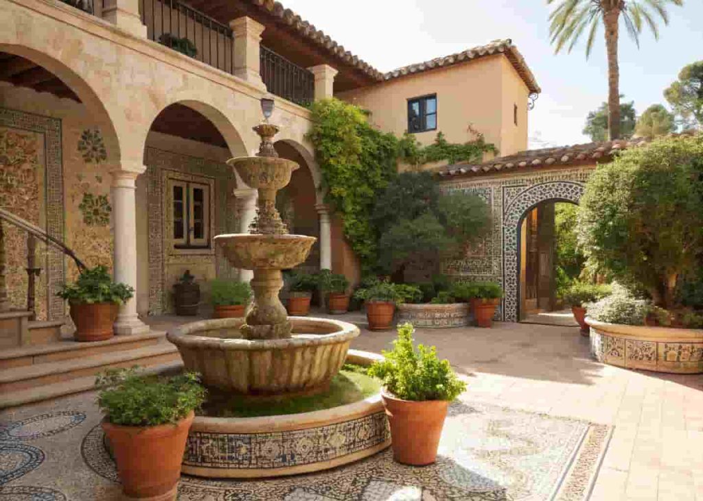 Stone fountain in a Mediterranean villa exterior courtyard with terracotta pots and mosaic tile accents