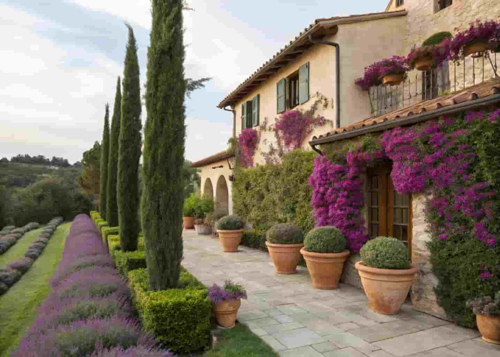 Mediterranean villa exterior landscaping with cypress trees, lavender, bougainvillea, and terracotta pots