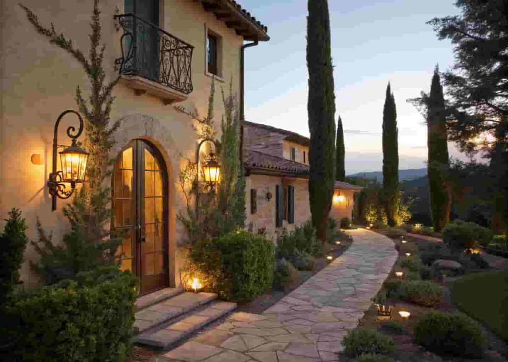 Mediterranean villa exterior at dusk with wrought iron lantern lighting and warm path lights along stone walkway