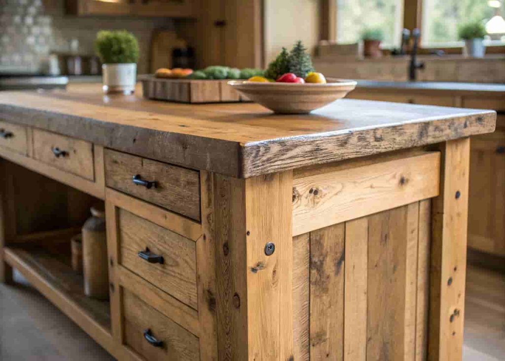 Rustic kitchen island built from reclaimed barn wood with natural grain and warm lighting