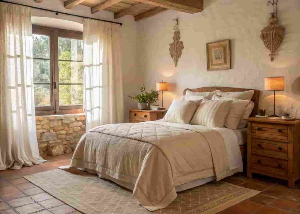 Rustic bedroom with cream linen bedding, wooden furniture, and terracotta color accents in natural light