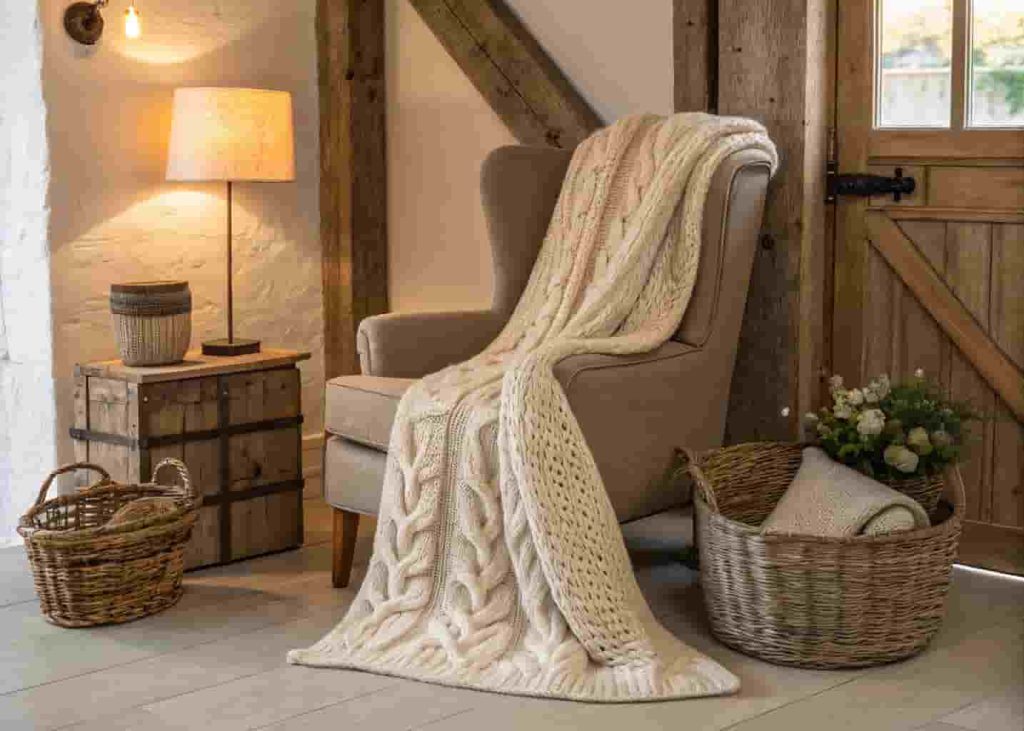 Cozy rustic armchair corner with chunky knit throw blanket, woven baskets, and warm ambient lighting