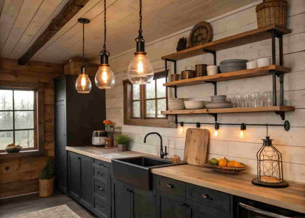 Rustic kitchen featuring matte black iron hardware, open wood shelving, and Edison bulb pendant lighting