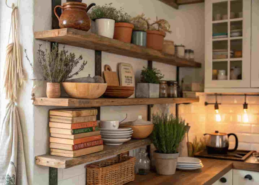 Rustic open wooden kitchen shelves styled with handmade pottery, dried herbs, books, and small indoor plants