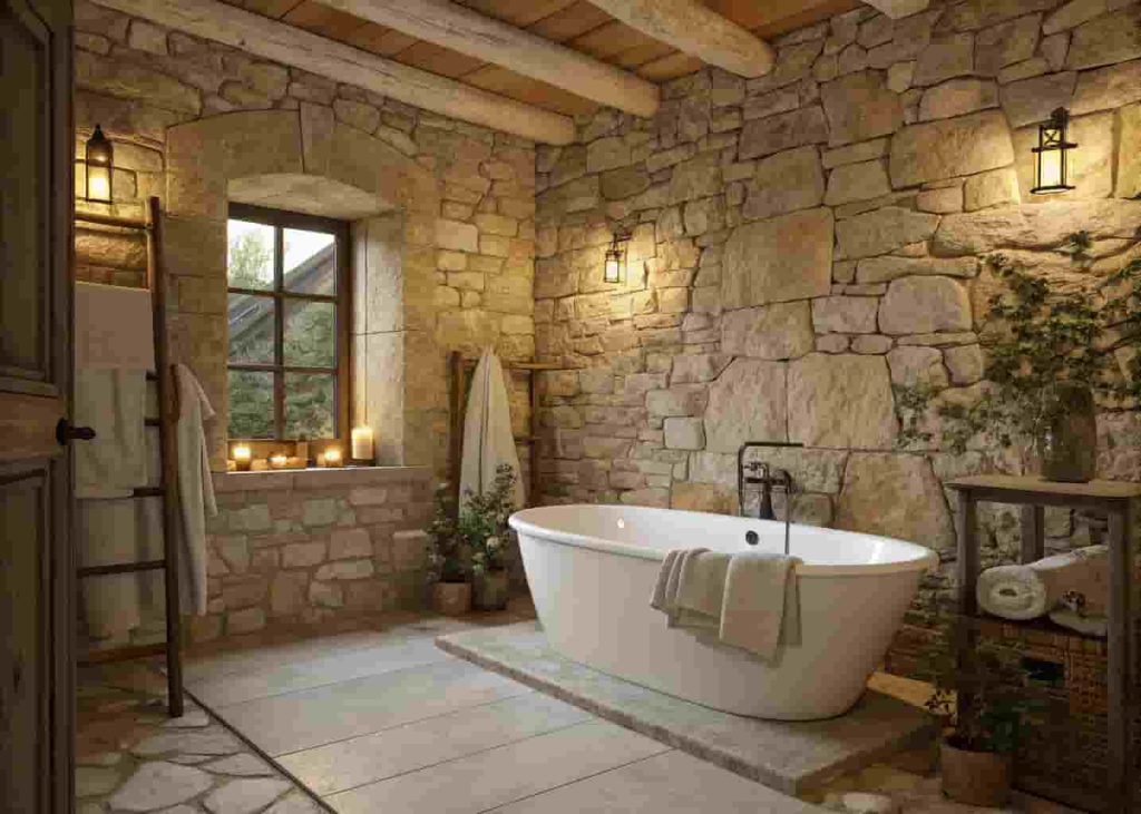 Rustic bathroom featuring natural stone walls, freestanding white soaking tub, and soft linen textiles