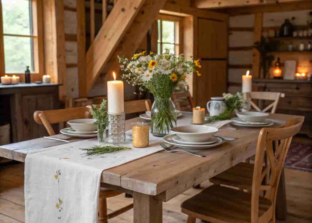 Rustic farmhouse dining table with linen runner, wildflower centerpiece, ceramic dinnerware, and candlelight