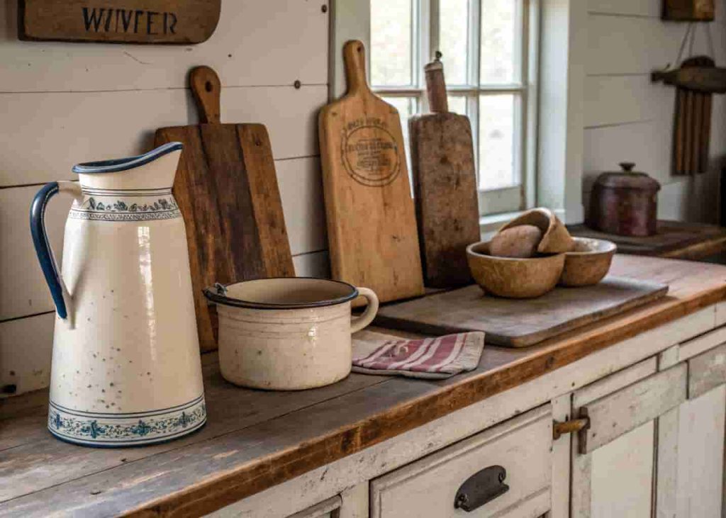 Rustic vintage kitchen items including enamel pitcher, wooden cutting boards, and ceramic crocks on a farmhouse countertop