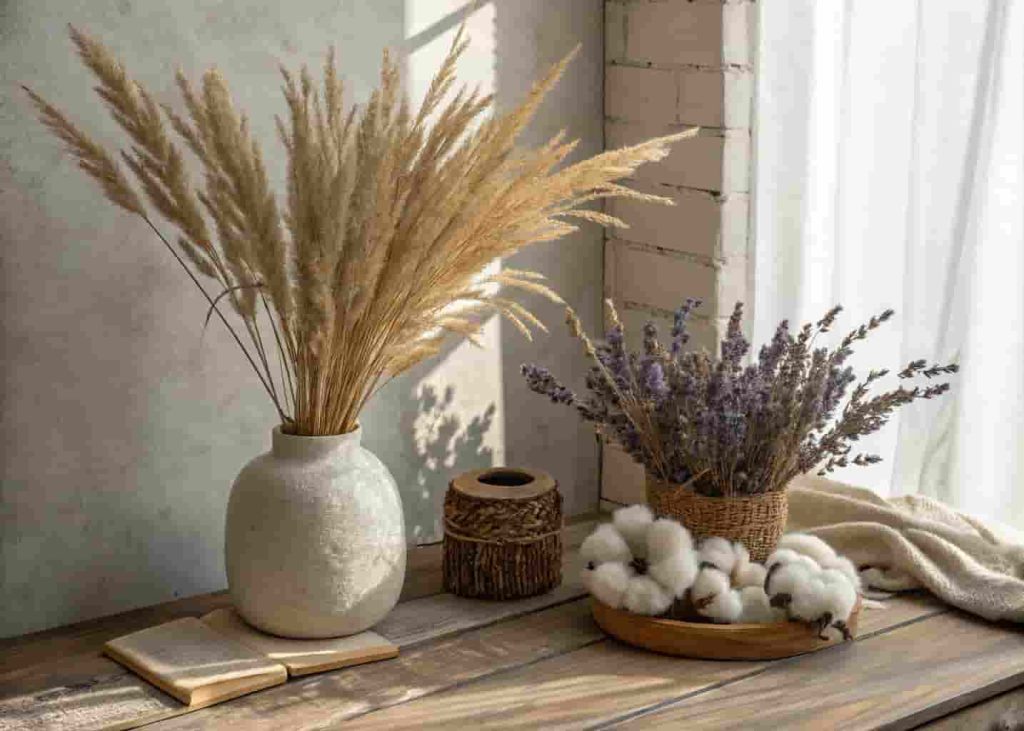 Rustic home décor vignette with dried pampas grass, lavender bundles, and cotton stems in natural light