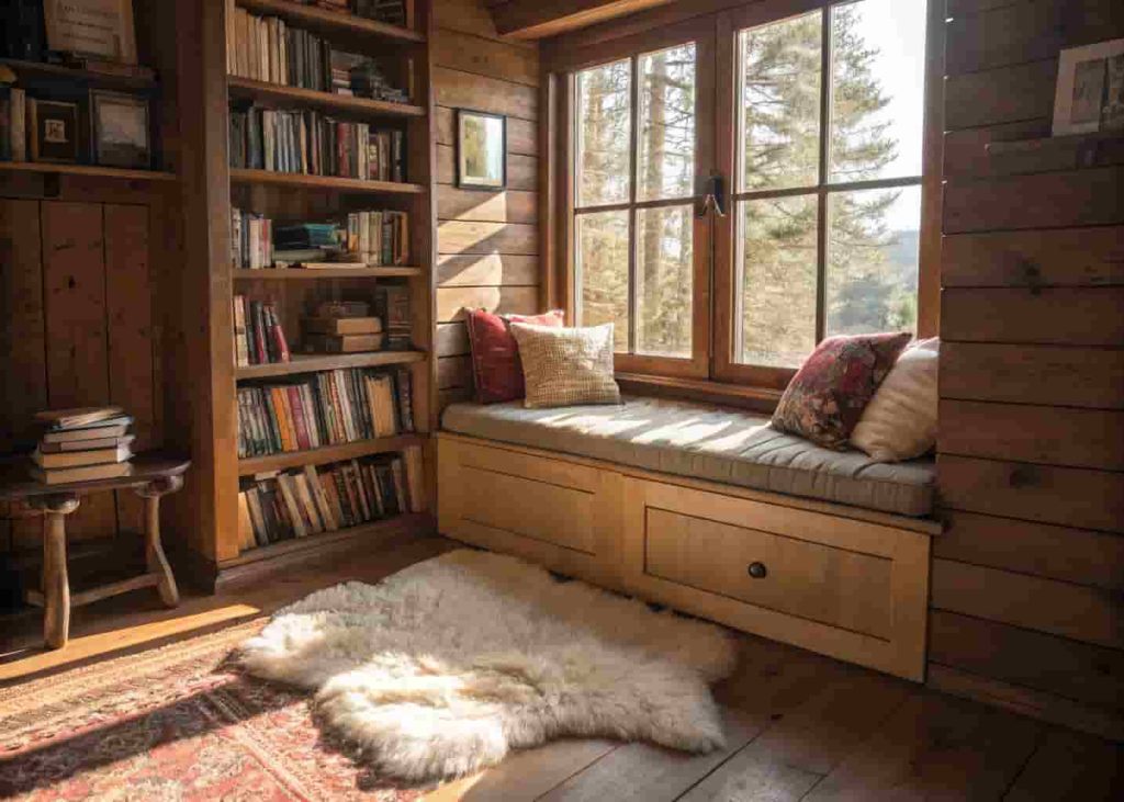 Cozy rustic reading nook with window bench, sheepskin rug, bookshelves, and warm natural light