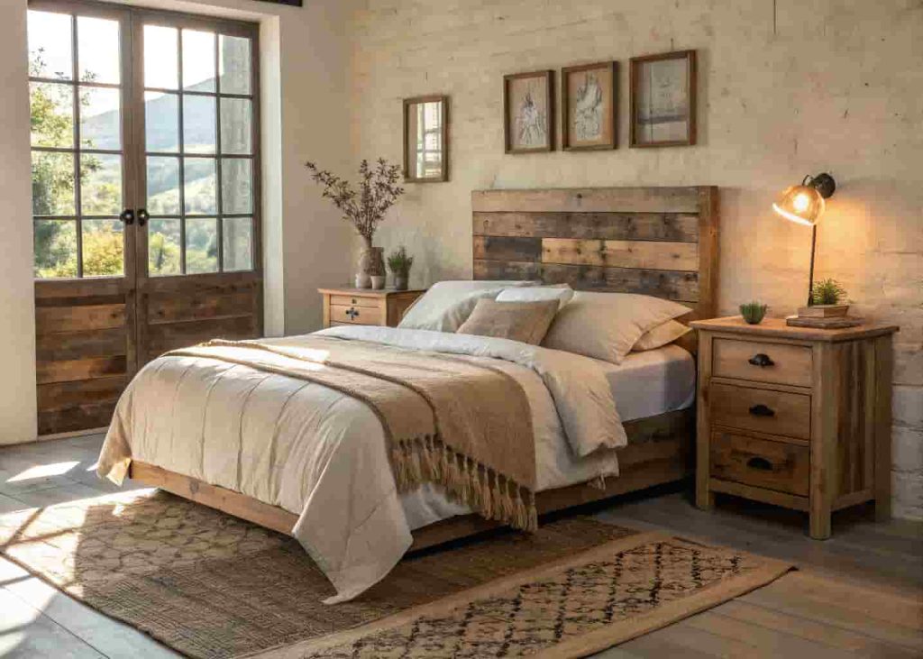 Rustic bedroom with linen bedding, reclaimed wood headboard, wooden nightstands, and peaceful morning light