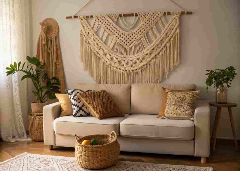 Large handmade macramé wall hanging above a rustic linen sofa with woven throw pillows and basket