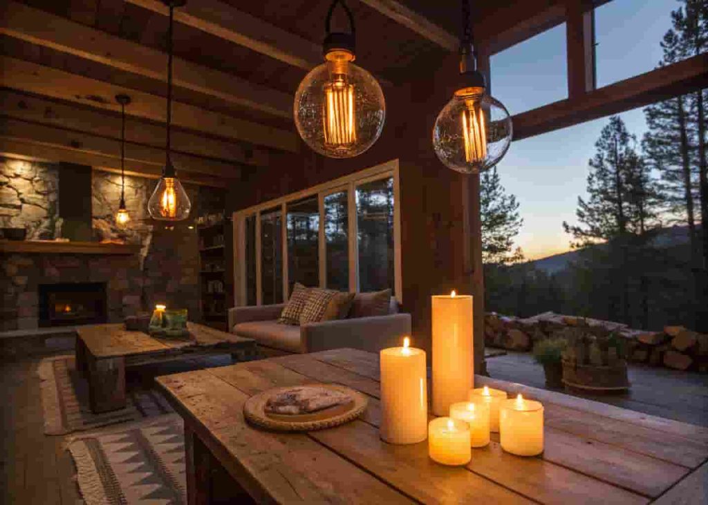 Rustic living room lit with Edison bulb pendants, glowing pillar candles, and warm amber evening light