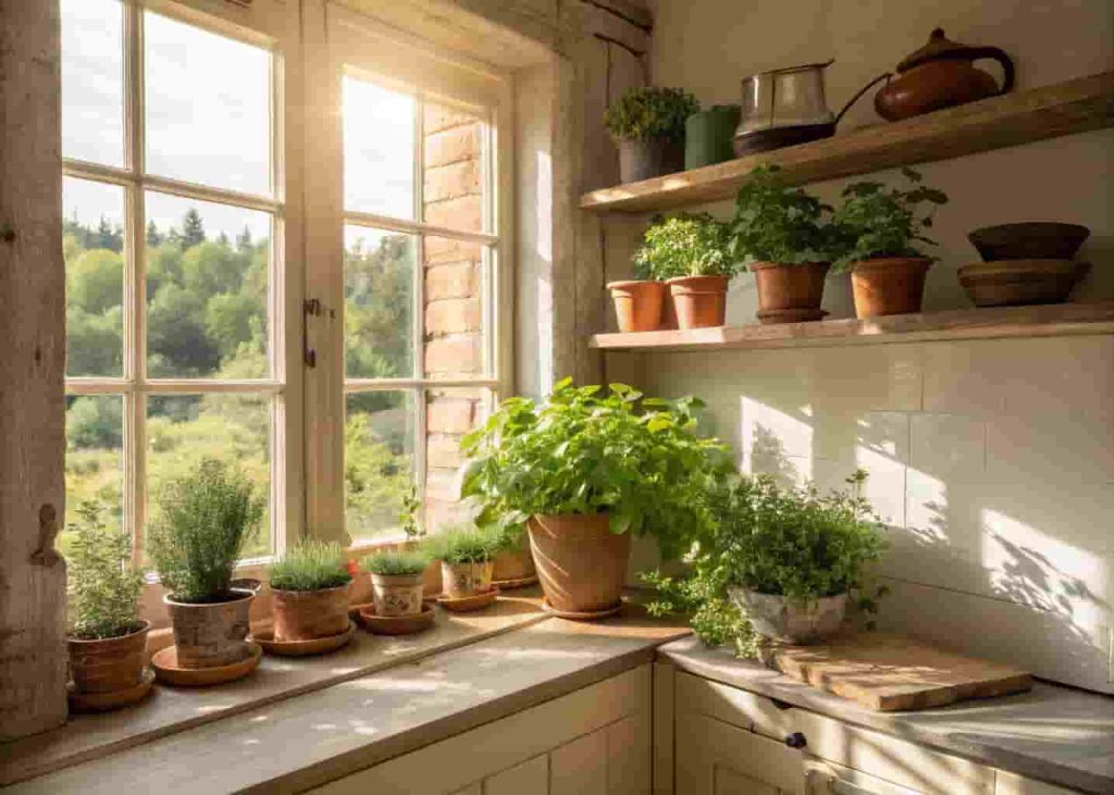 Rustic kitchen windowsill with fresh herb plants in terracotta pots and trailing greenery on wooden shelves