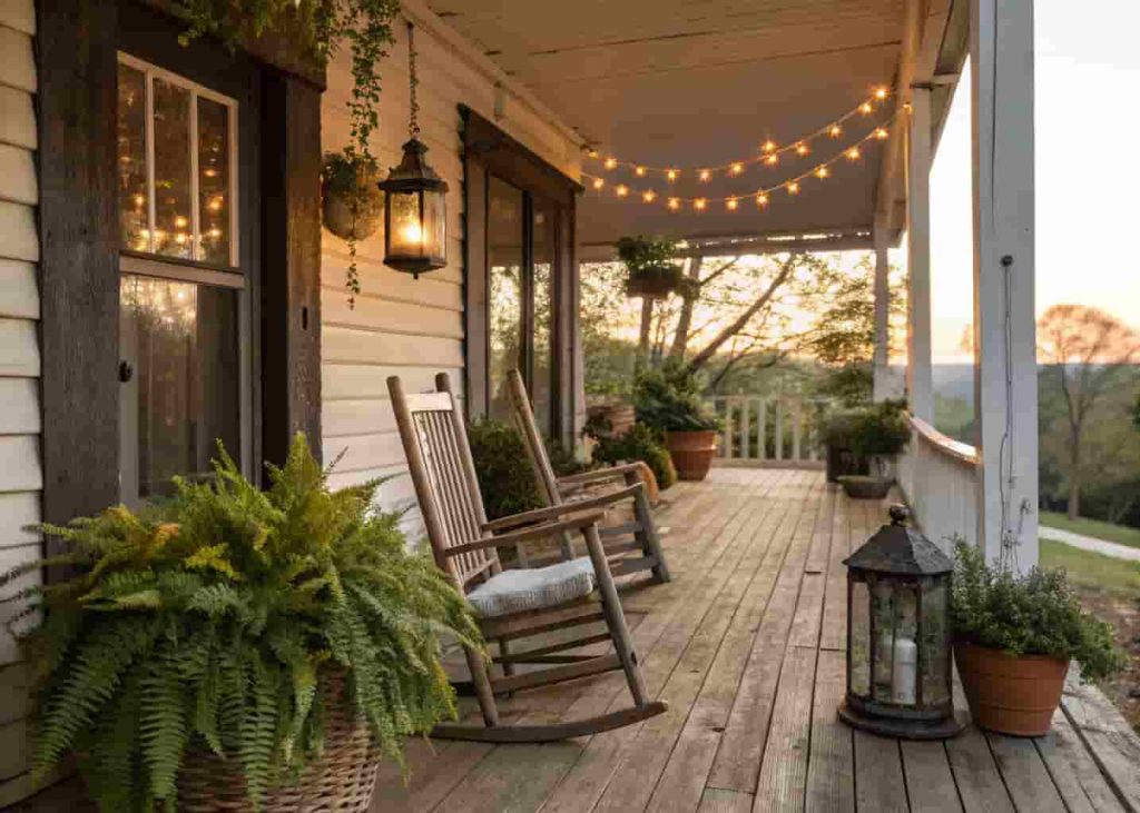 Rustic wooden porch with weathered rocking chairs, potted ferns, string lights, and golden evening light