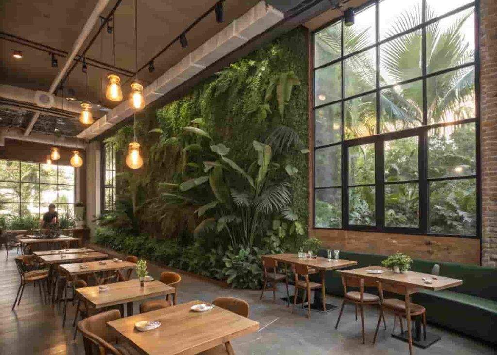 Modern restaurant interior with a lush living green wall, wooden tables, and warm Edison bulb lighting creating a biophilic dining atmosphere.