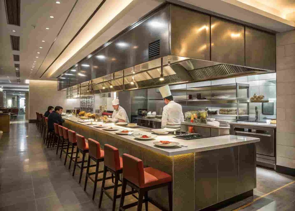 Modern restaurant open kitchen design with chefs working at a visible prep station and guests seated at a counter bar watching the cooking process.