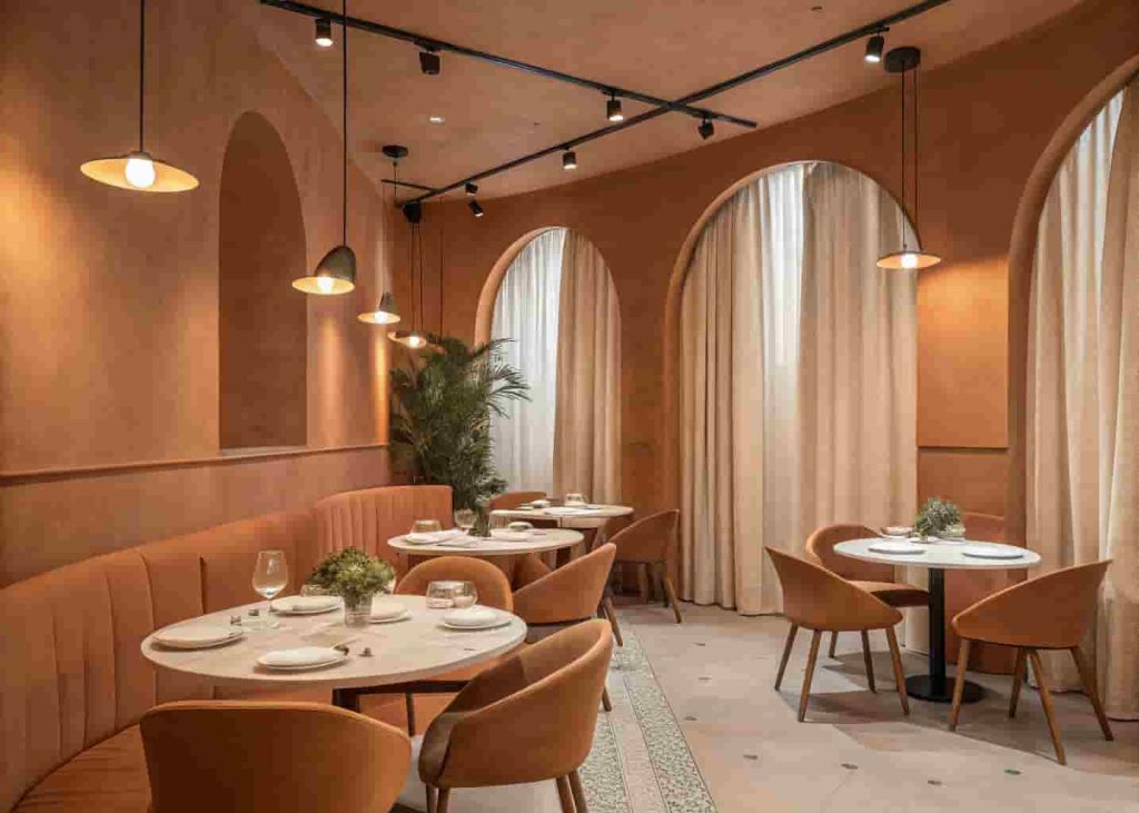 Warm minimalist restaurant interior featuring terracotta walls, curved wooden furniture, and soft lighting for an elegant and uncluttered dining experience.