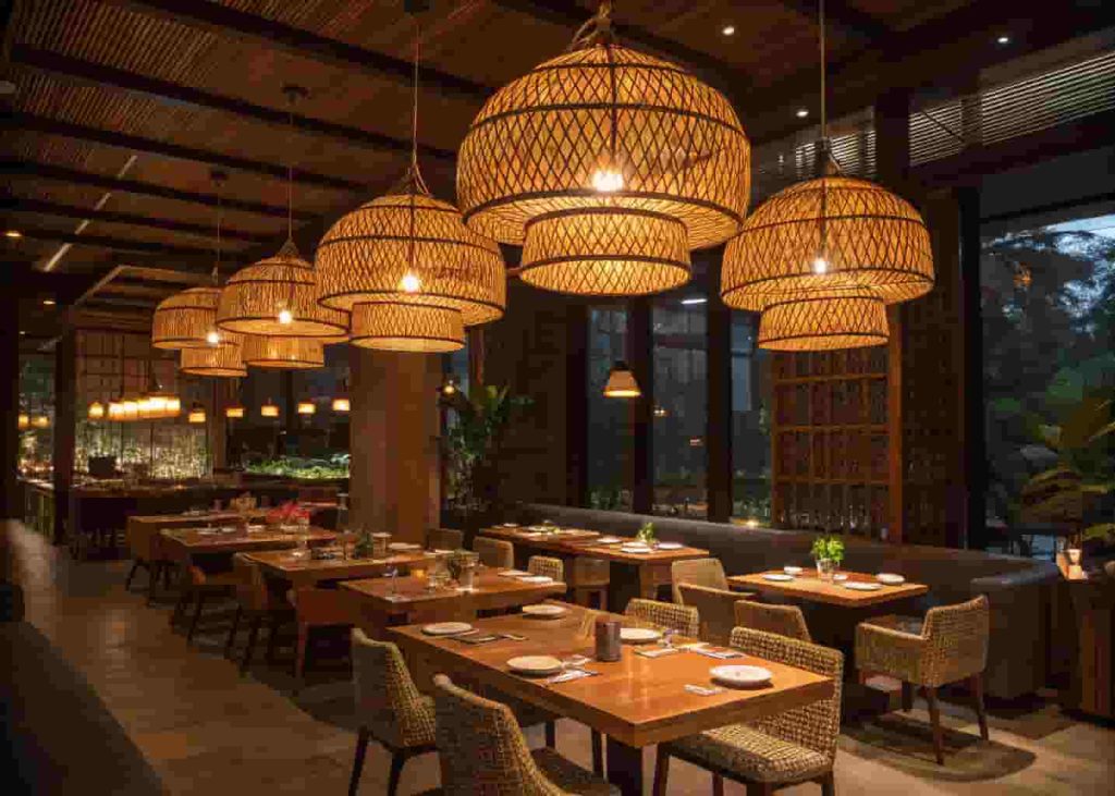 Restaurant interior with dramatic handcrafted rattan pendant lighting creating warm amber ambiance over wooden dining tables in an intimate evening setting.