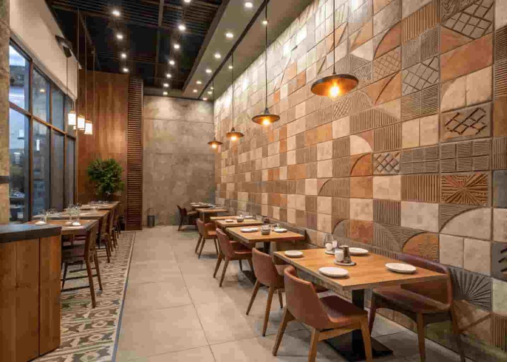 Modern restaurant interior with a handmade ceramic tile textured feature wall in earthy tones paired with wooden furniture and warm pendant lighting.