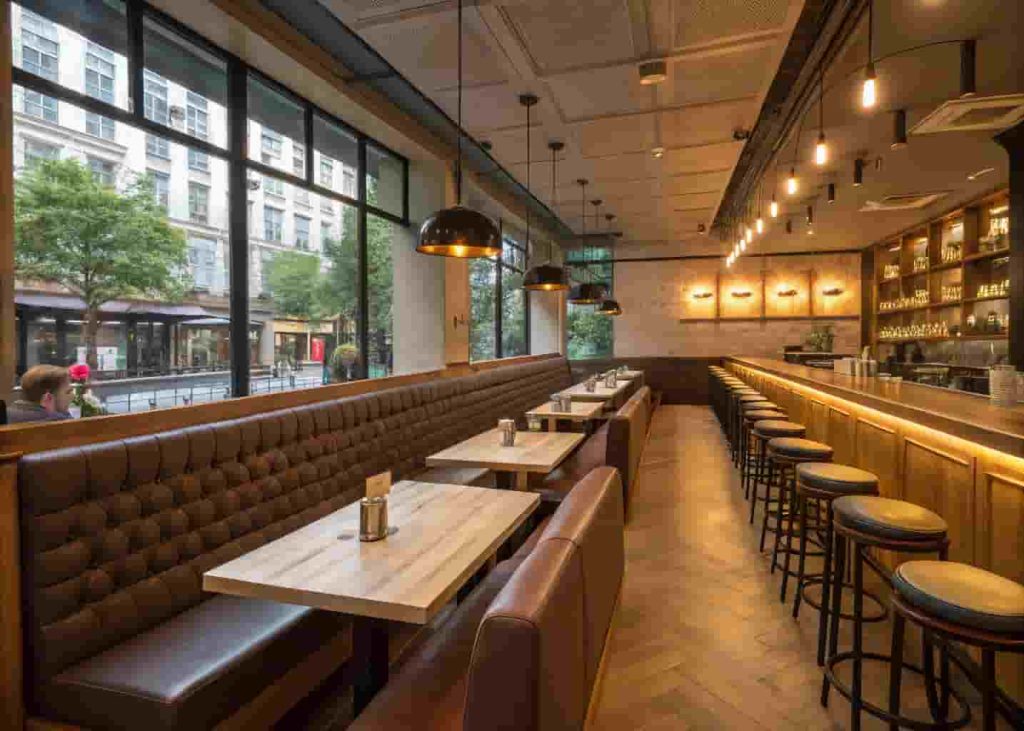 Modern restaurant interior with diverse seating including two-seater tables, a communal dining table, curved banquette booths, and bar stools for flexible guest accommodation.