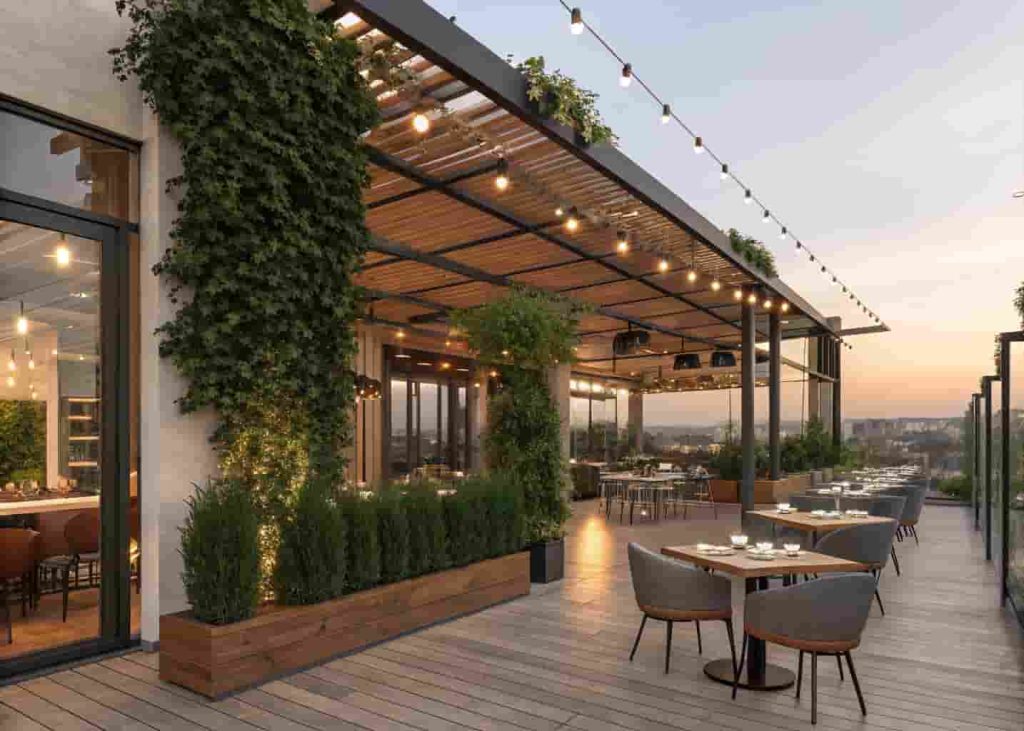 Modern restaurant outdoor dining terrace with wooden pergola, climbing plants, warm string lights, and elegant outdoor furniture creating an upscale al fresco dining experience.