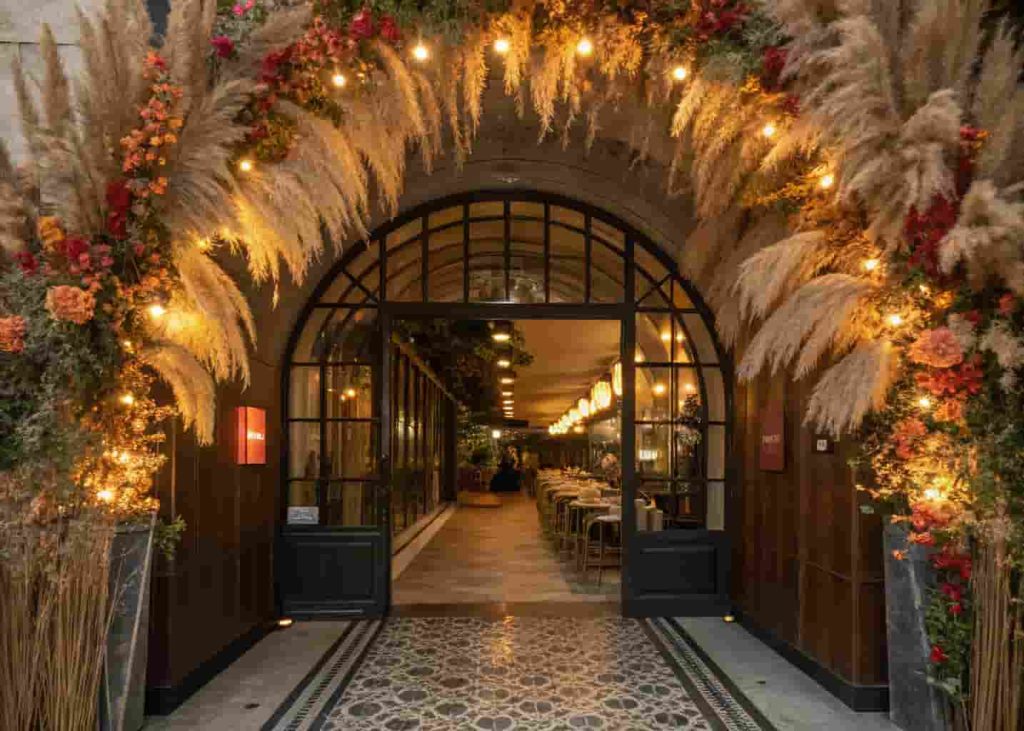Modern restaurant entrance with a dramatic tunnel of hanging dried flowers, warm Edison bulb lighting, and mosaic tile flooring creating a stunning and photogenic first impression.