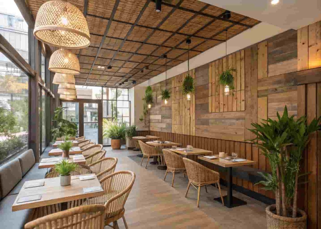 Modern sustainable restaurant interior with reclaimed wood panels, bamboo ceiling, rattan furniture, and recycled glass lighting showcasing eco-friendly design that is both stylish and environmentally conscious.
