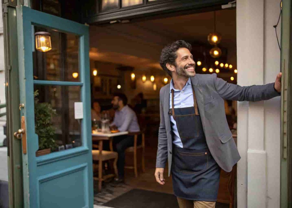 A friendly restaurant host is greeting guests at the front door with a warm smile.