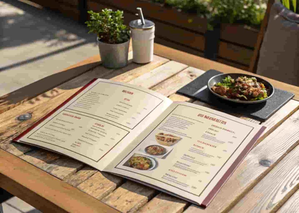 An open restaurant menu with a clean layout and clear sections placed on a wooden table.