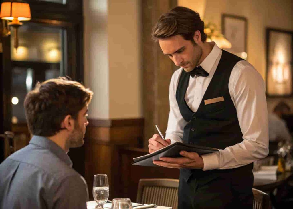  A restaurant server listening attentively and writing down a customer's order at a table.
