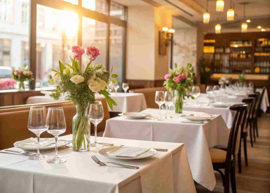 A spotlessly clean restaurant dining area with neatly arranged tables and polished glassware.