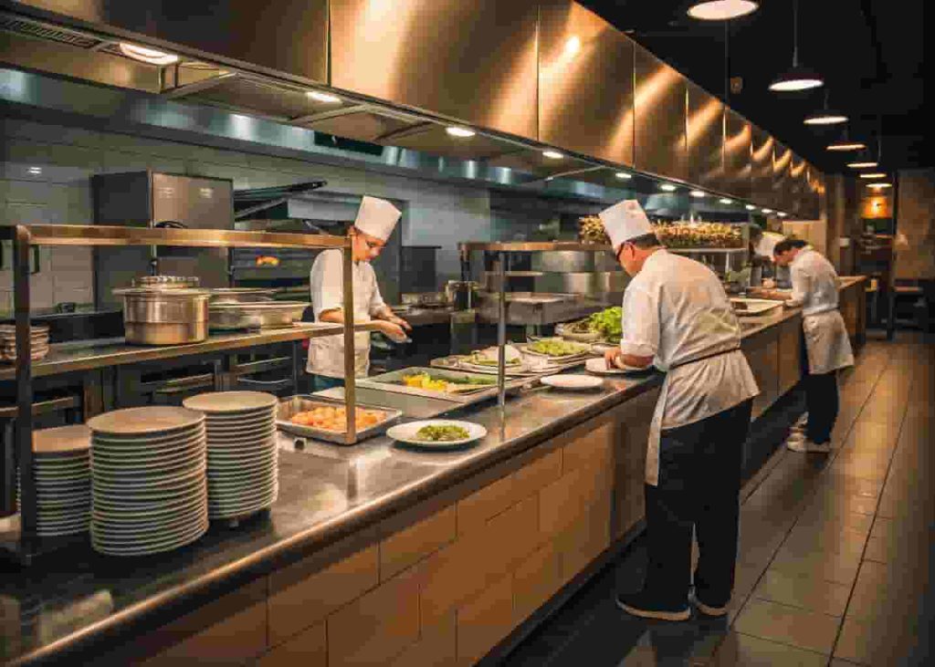 Kitchen staff working quickly and efficiently during a busy restaurant service period.