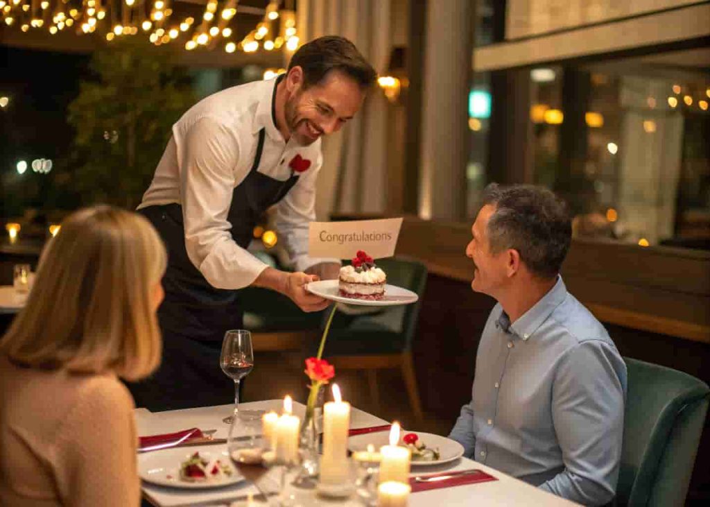 A server presenting a surprise dessert with a congratulations note to a couple at a restaurant.